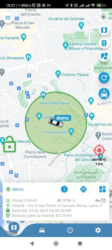 Interfață intuitivă
Atingeți lacătul verde pentru a seta o zonă de protecție (geofence) de 200m în jurul autoturismului. Primiți alertă dacă mașina dvs. părăsește zona.