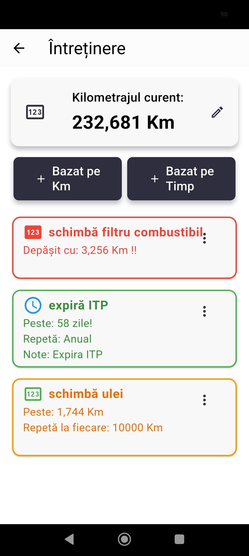 Mileage and date reminders in the MyCarAlert app