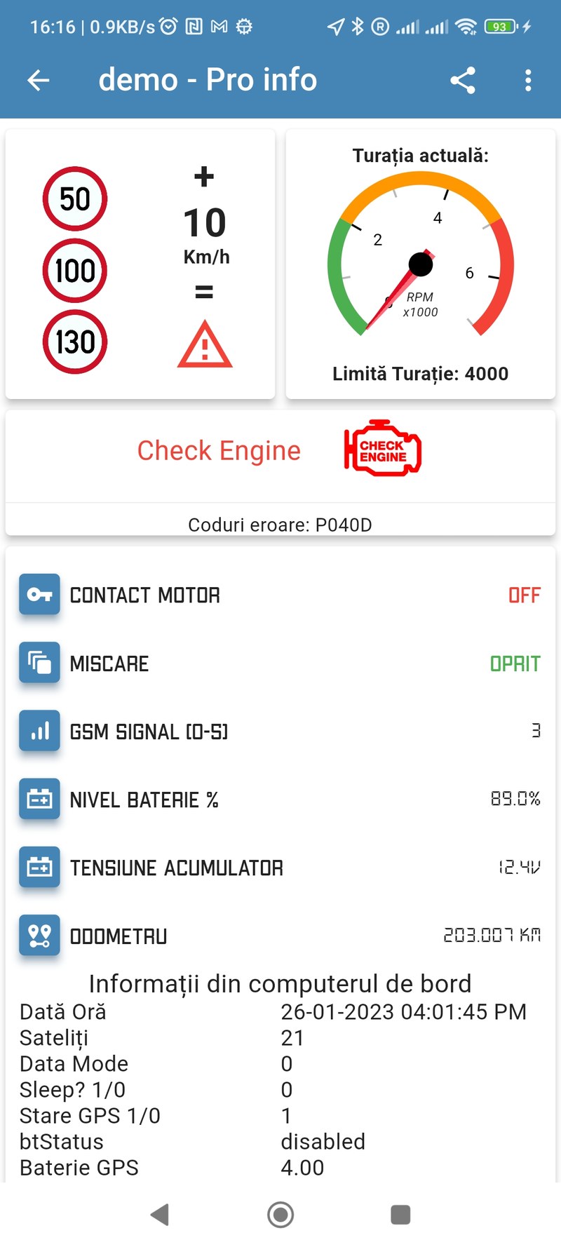 Error codes and OBD data in the MyCarAlert app